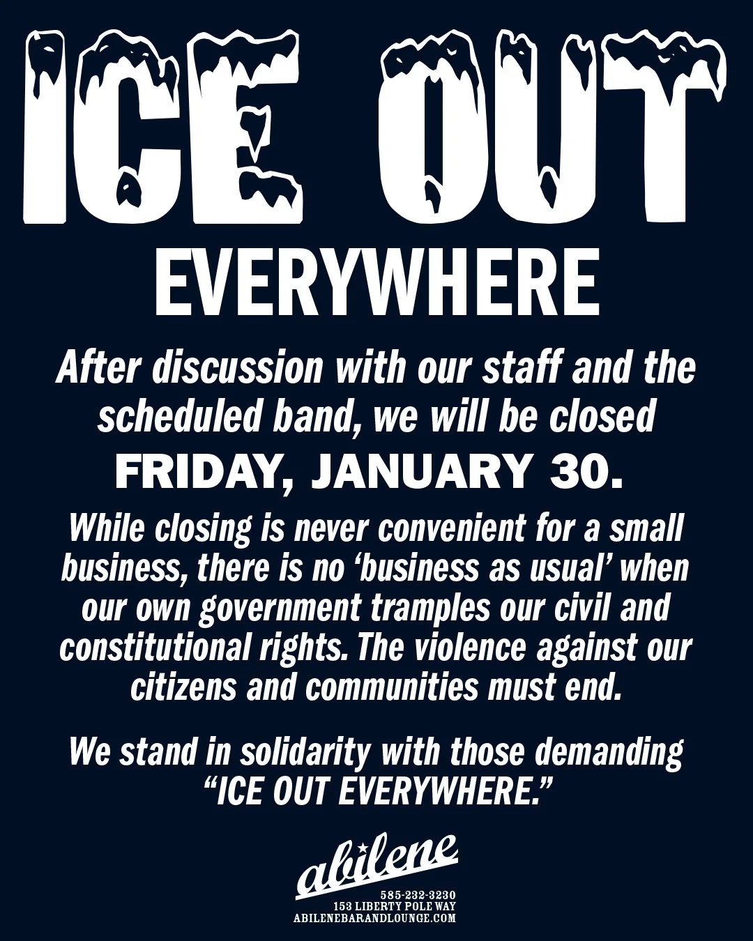 Closed in Solidarity with those demanding "Ice Out Everywhere"