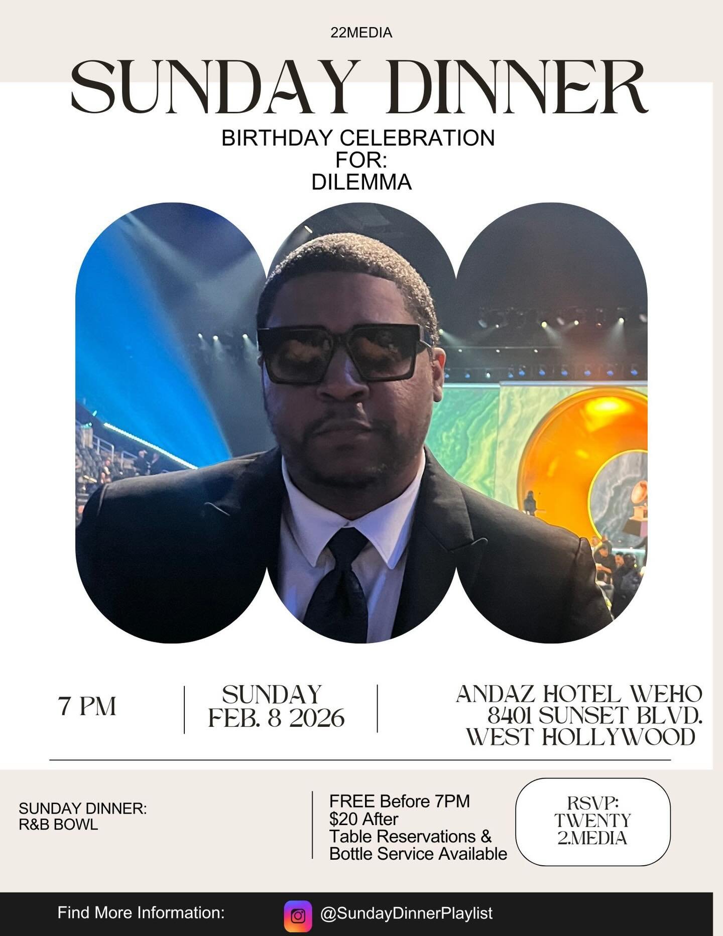 🙏🏾&bull;I appreciate all the birthday love, pull up on me this Sunday @sundaydinnerplaylist , we celebrating. 

from @sundaydinnerplaylist :
🏈🎤 SUNDAY DINNER: R&amp;B BOWL 🎤🏈
Super Bowl After Party
🗓 This Sunday | 7PM
📍 Andaz West Hollywood

