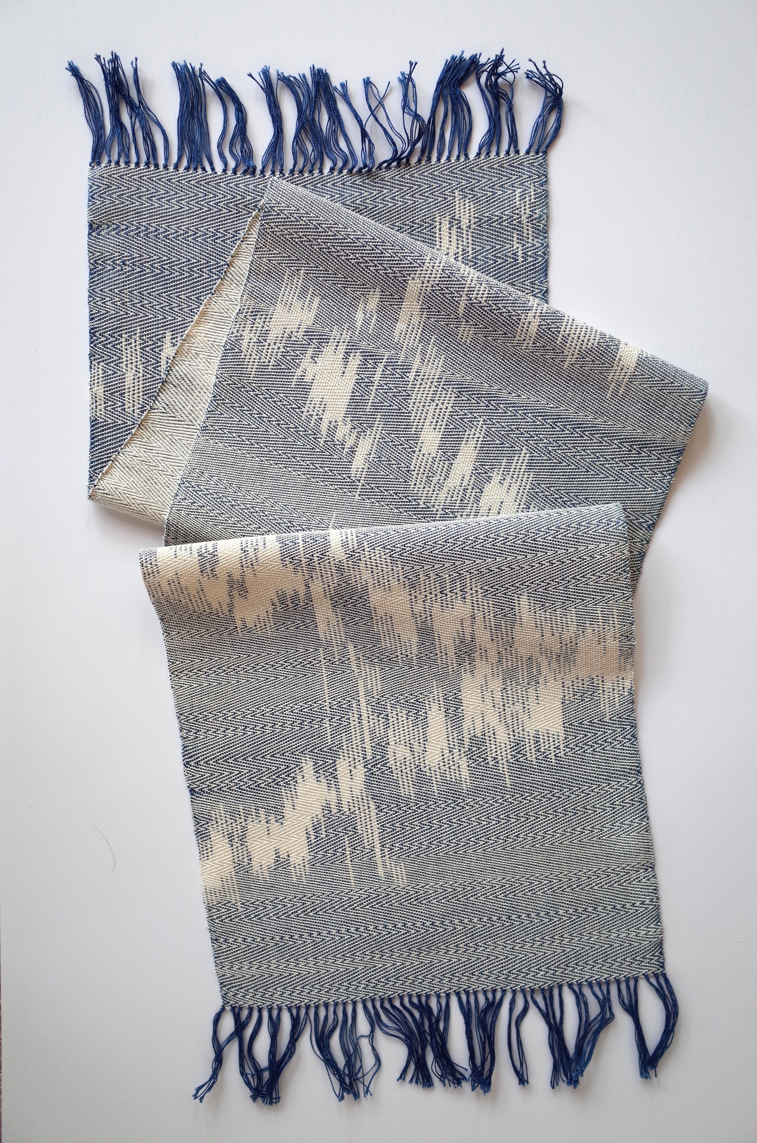 Finished piece: Back and Forth Fade, Ikat, Cotton dyed with Indigo, 2014.