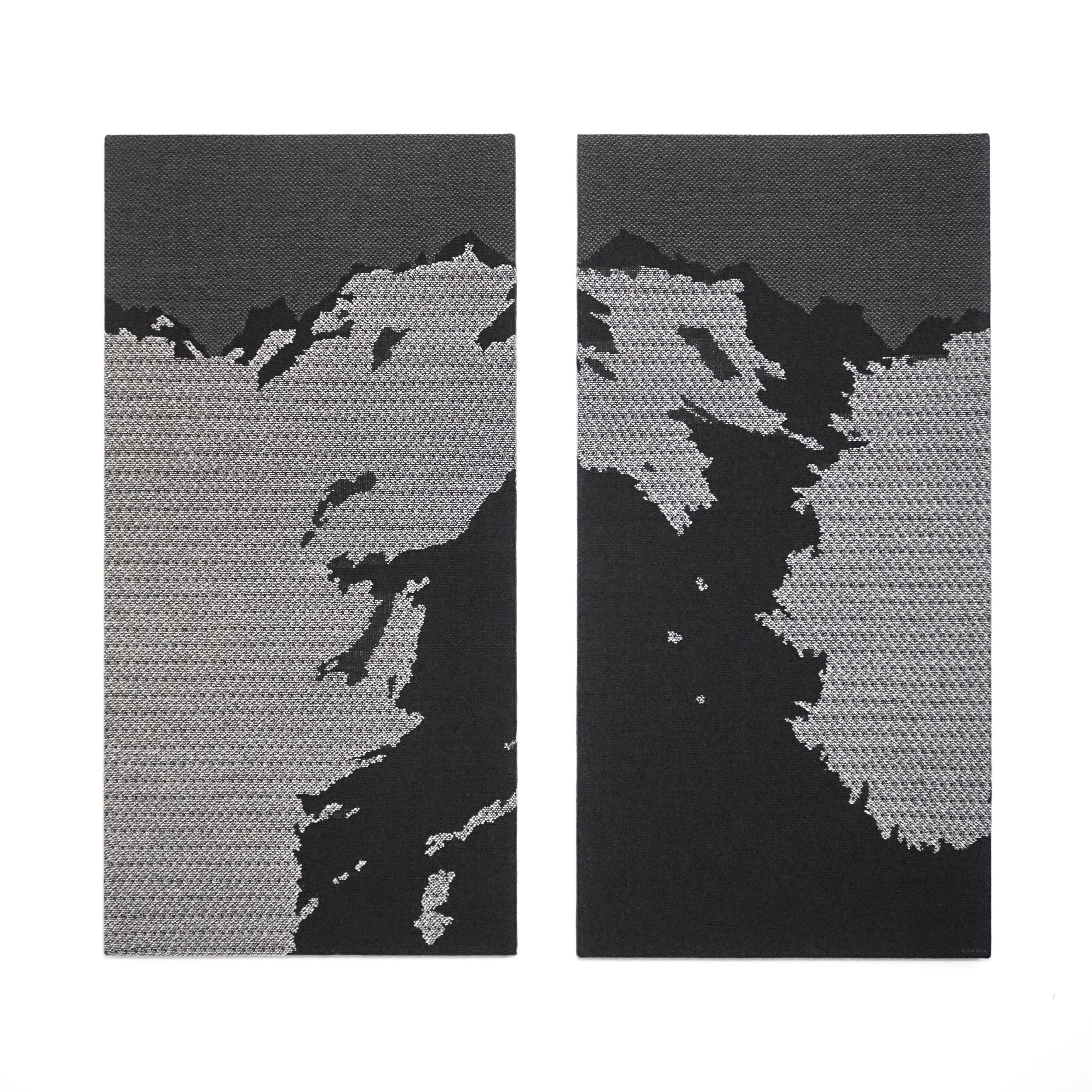  Melting Reflections: Eel Glacier Over One Half Century 2023 Handwoven cotton and wool 40” x 20” each, two panels 