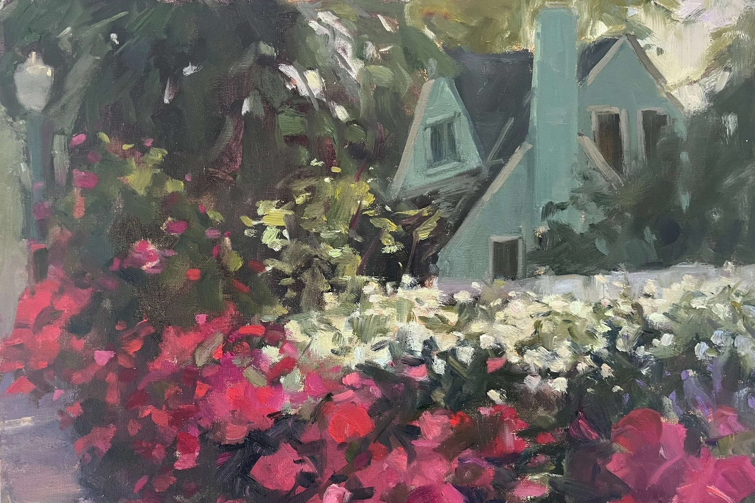 A painted scene of a garden with pink, white, and purple flowers in the foreground, and a green house with a chimney and gabled roof surrounded by trees and foliage in the background.