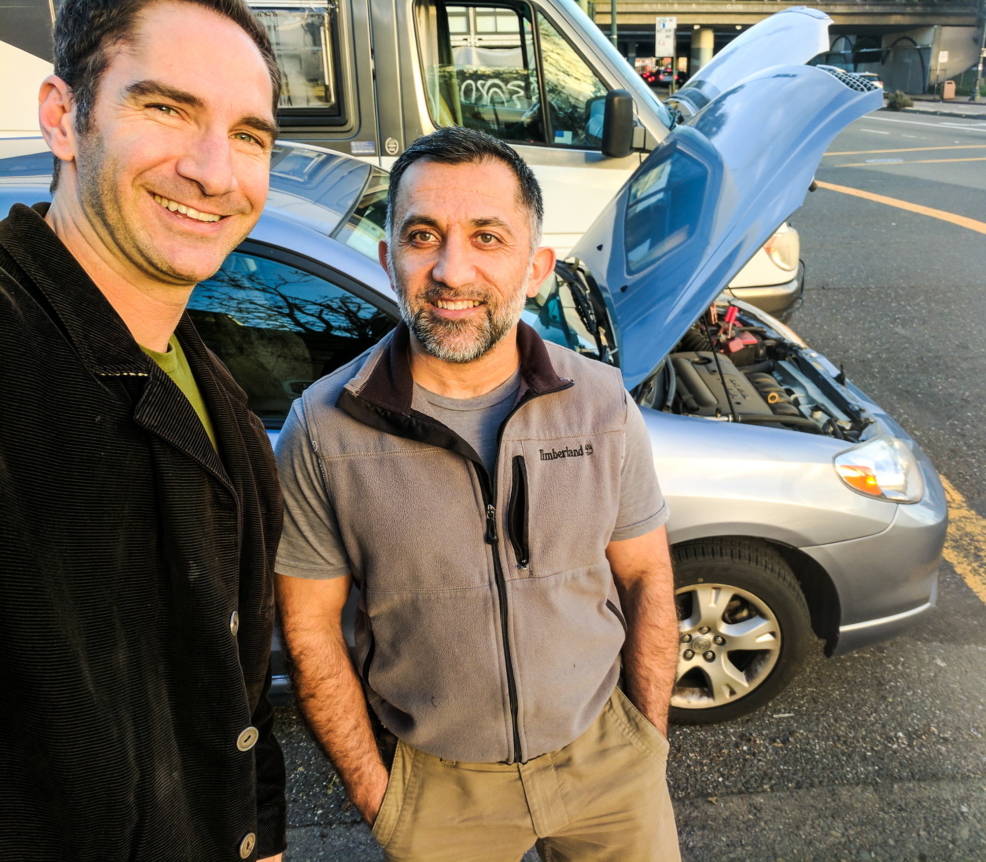 Ismail and I, the first of three times he jumped my van. Oakland, CA. Friday, February 10, 2017.