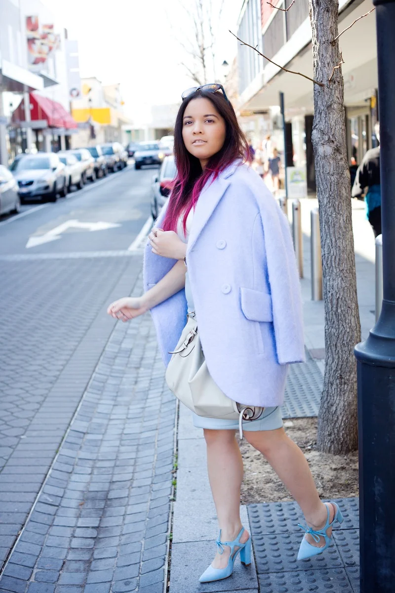 hello parry, dotti, forever new, zara, charles and keith, guess, fudge hair, pink hair, leather crop, coat, powder blue coat, blue heels, baby blue heels, baby blue leather, leather skirt, pencil skirt, white crop, fashion, photography, street style, ootd, outfit, fashion style, style, get the look, blue outfit, cute, kawaii, happy, smile, perth, perth fashion, nezuki