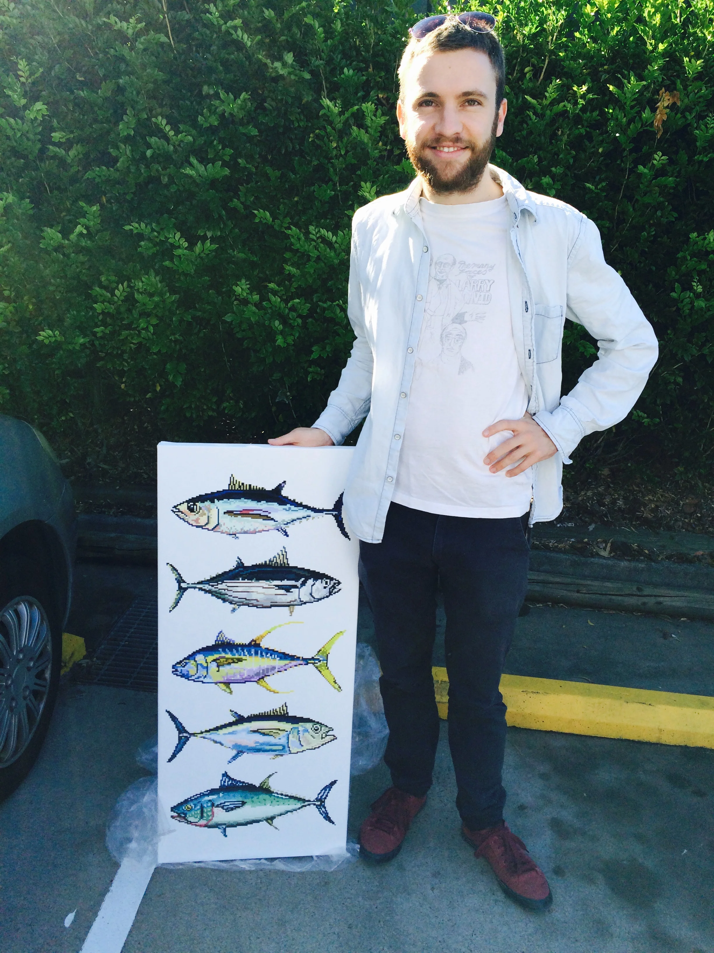 Me with all combined tuna on the print. As I write it's hanging above my bed. Evidently I didn't sell it — nor do I want to now.
