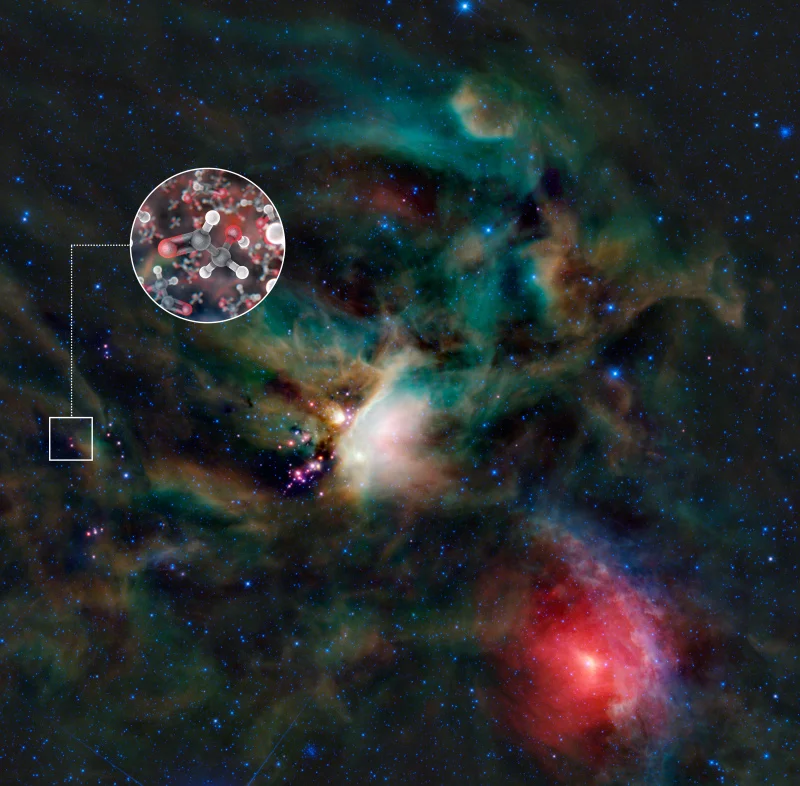 Other organic molecules (glycoaldehyde) discovered by the radio telescope array, ALMA, in 2012. ALMA (ESO/NAOJ/NRAO)/L. Calçada (ESO) & NASA/JPL-Caltech/WISE