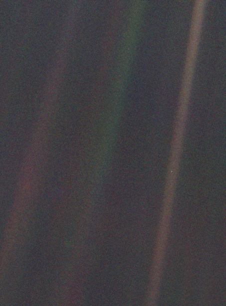 “…a mote of dust suspended in a sunbeam…” Pale Blue Dot” by Voyager 1 – http://1.usa.gov/1tfuim2 . Licensed under Public domain via Wikimedia Commons – http://bit.ly/1q04WE4