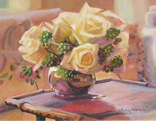 White Roses in Silver Pitcher