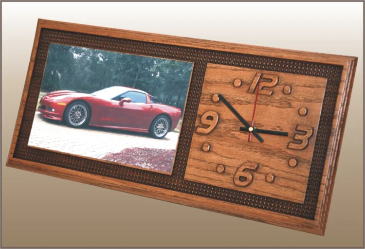 Wooden clock with carved numbers and inlay