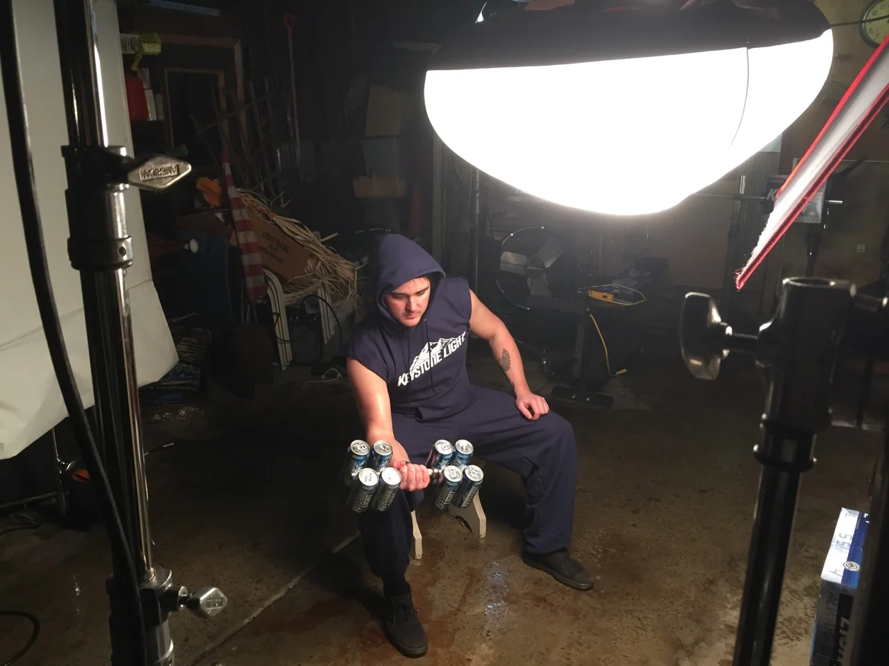 Our amazing talent preps for his strenuous Keystone Light bicep curl. 