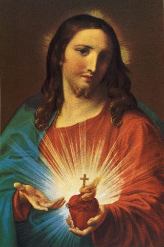 Pompeo Batoni 1767 Sacred Heart of Jesus . This is a common image of the sacred heart. Variations are used extensively in Catholic imagery.