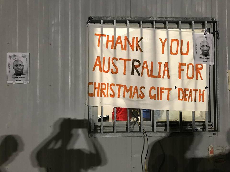 Refugee Banner on Manus Island, 2016 (source: Refugee Rights Action Network Western Australia, https://www.facebook.com/rran.org/posts/738398296311738)