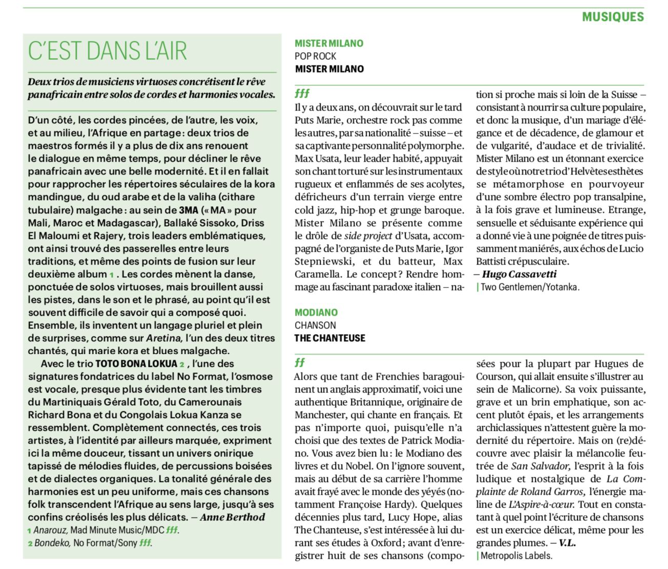 telerama the chanteuse Modiano