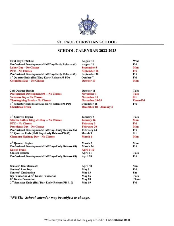SY 2022 2023 School Calendar — Saint Paul Christian School