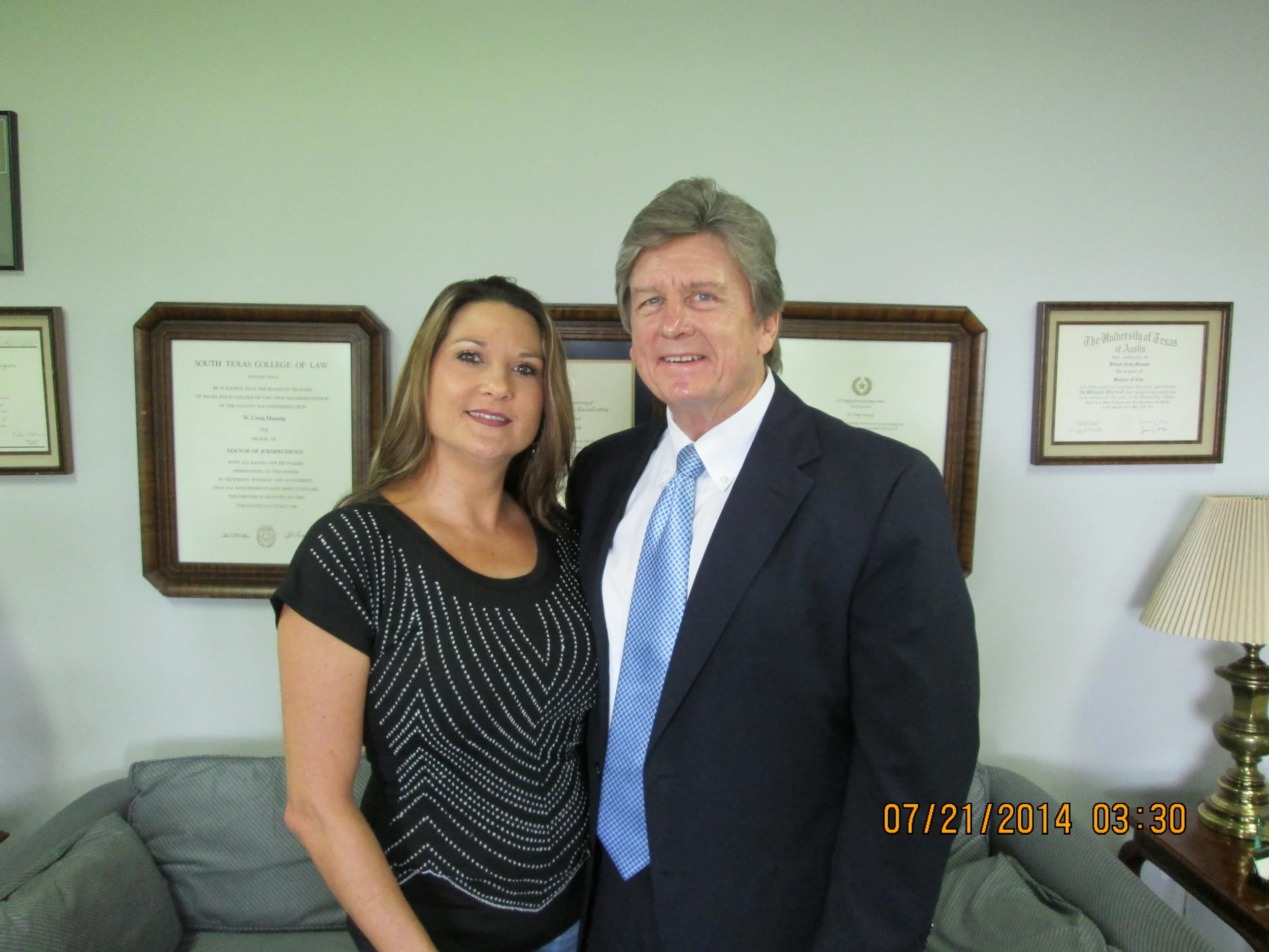 Pictured above is Baytown resident Karen Tiemann, who recently received a $46,500 settlement from a Highway 146 auto accident in which she sustained a concussion. Muessig also successfully represented her in a 1990 18-wheeler accident in Mont Belvieu. 