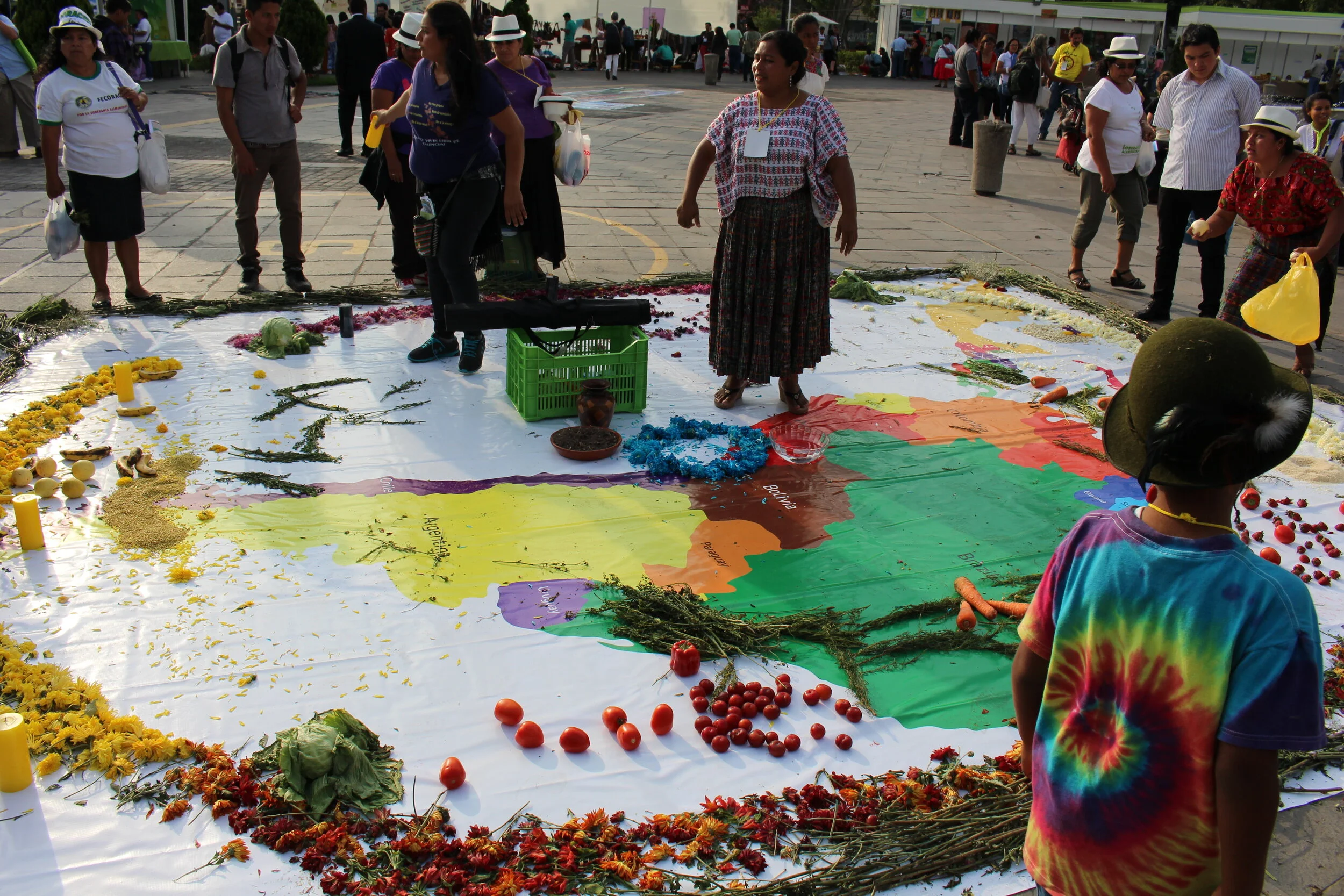 animating Abya Yala (the South American continent) with flowers and vegetables at the Lima climate march