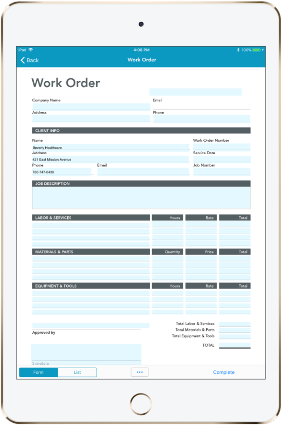 Construction and field service work order
