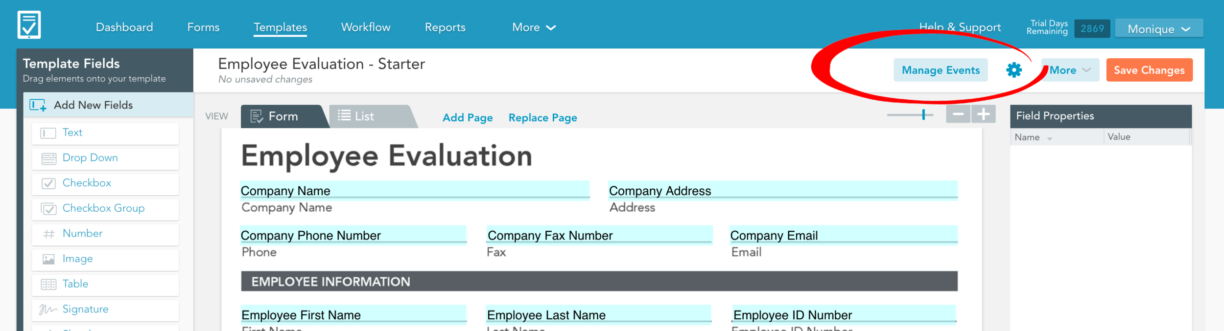 Click the Manage Events button for Template Automation
