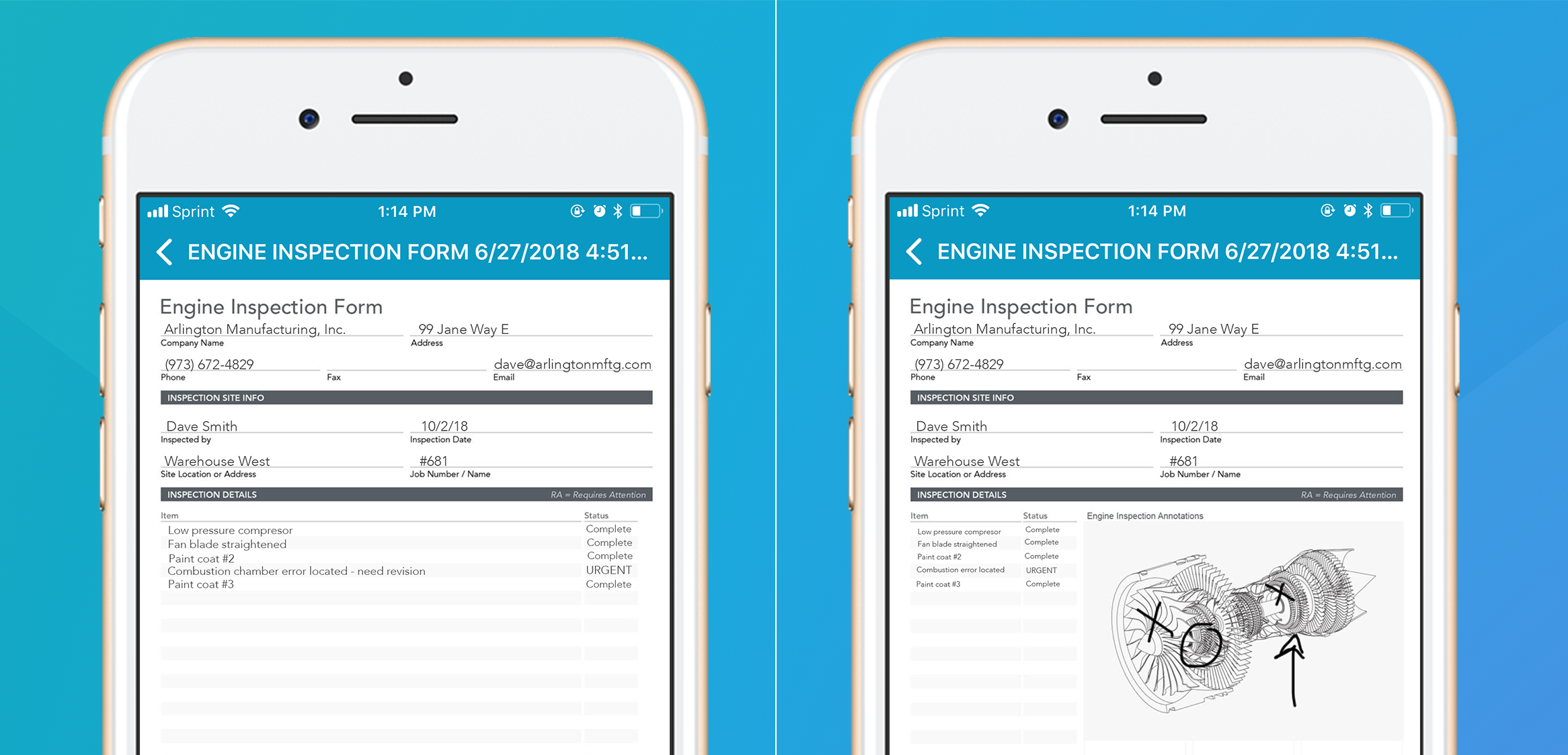 The form on the left displays a form including no visual context, versus, the form on the right includes captured data and visual context.
