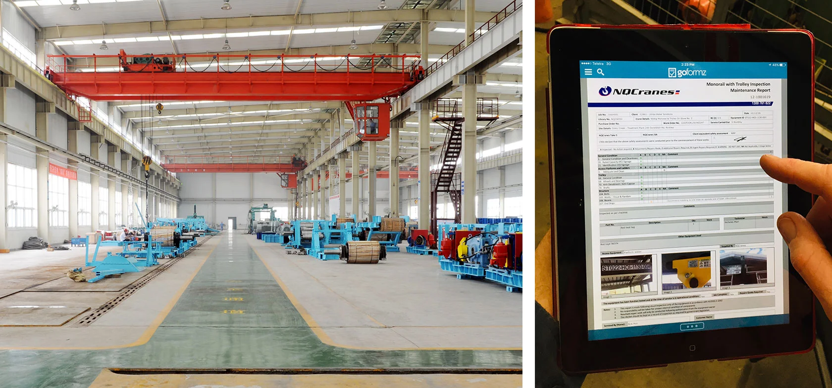 Left: An NQCranes overhead crane, Right: NQCranes using mobile form on iPad