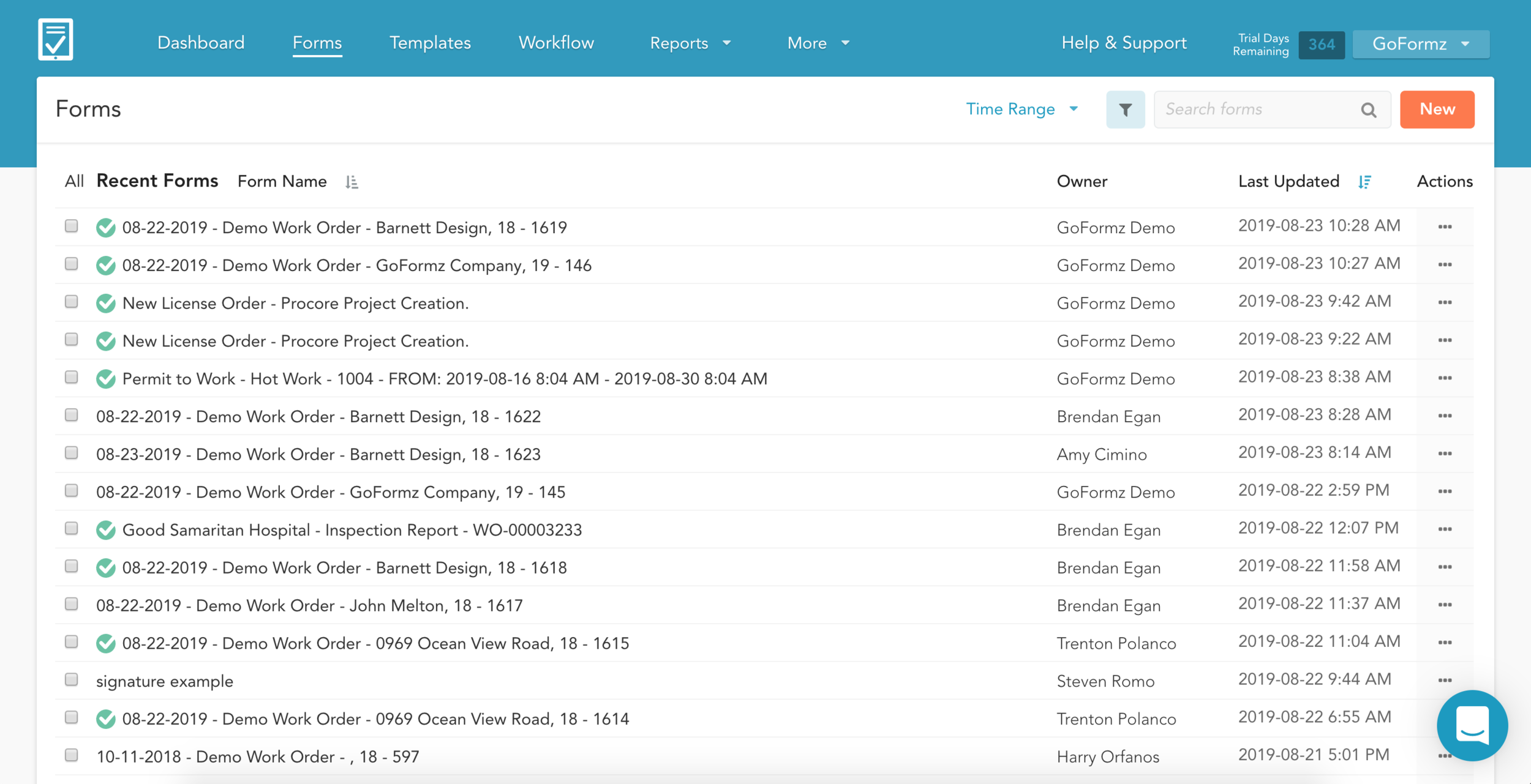 The forms tab displays all form drafts and completed mobile forms within your account