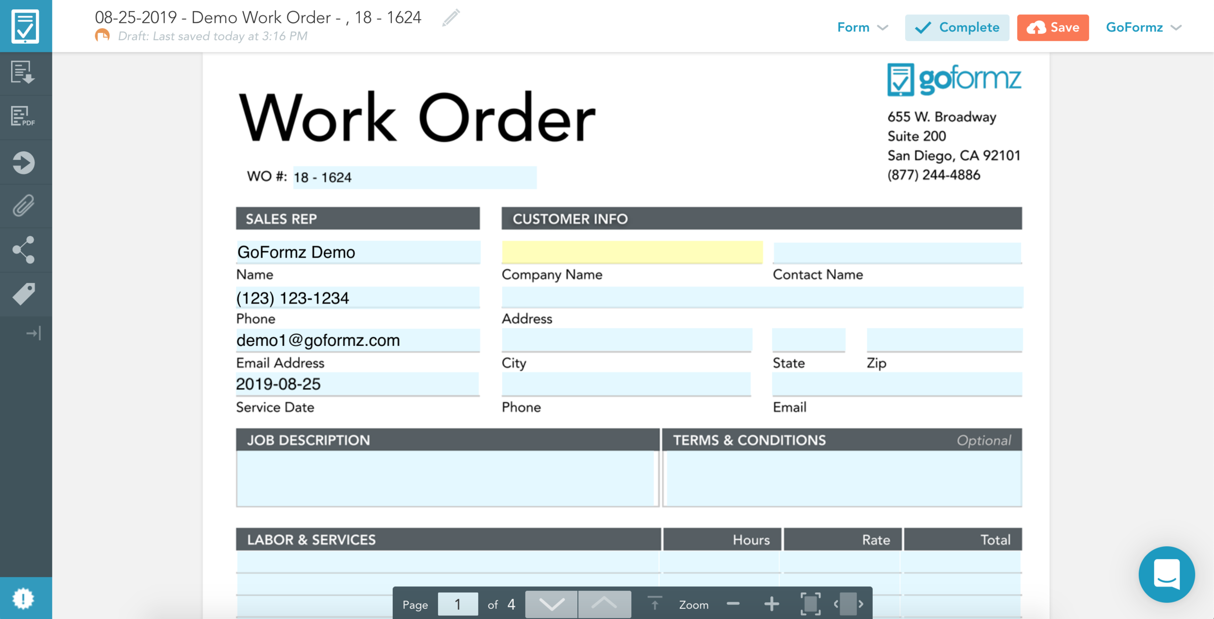 The GoFormz web app hosts a form editor which allows users to fill out their mobile forms as if they were using the mobile app