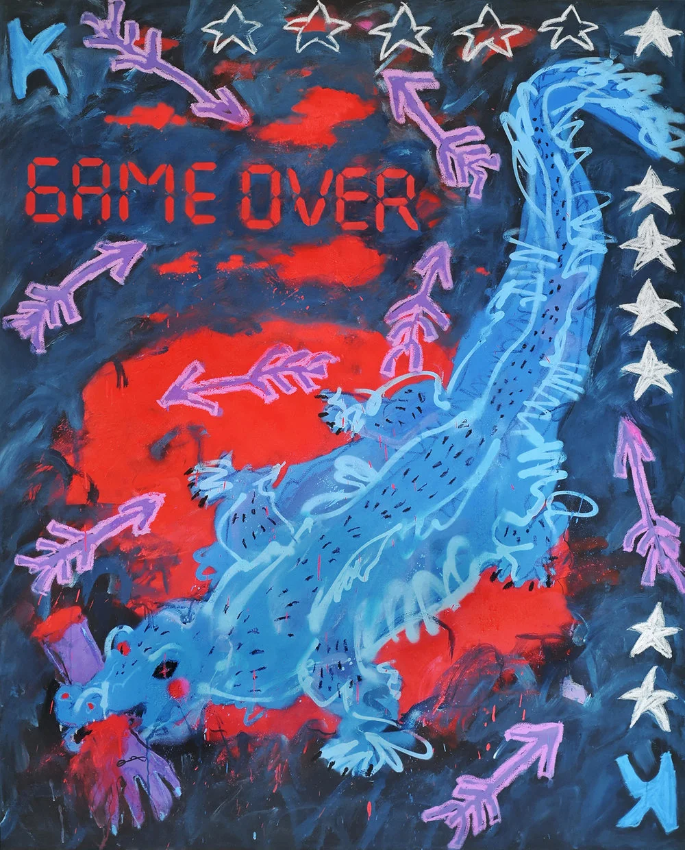 Are you a watcher or a player? 60 x 48 in, acrylic, spray paint and oil pastel on canvas, 2018