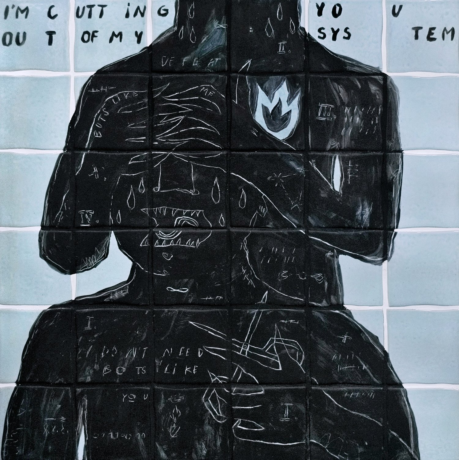 Bots like you , 61x61cm, acrylic and tiles on board
