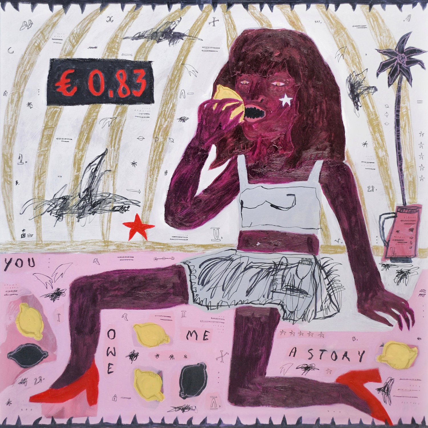 Self-portrait with lemons , 127x127cm, acrylic, oil, oil pastel and markers on canvas
