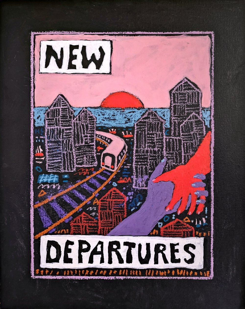 New departures , A3, Acrylic, spray paint and oil pastels on canvas board
