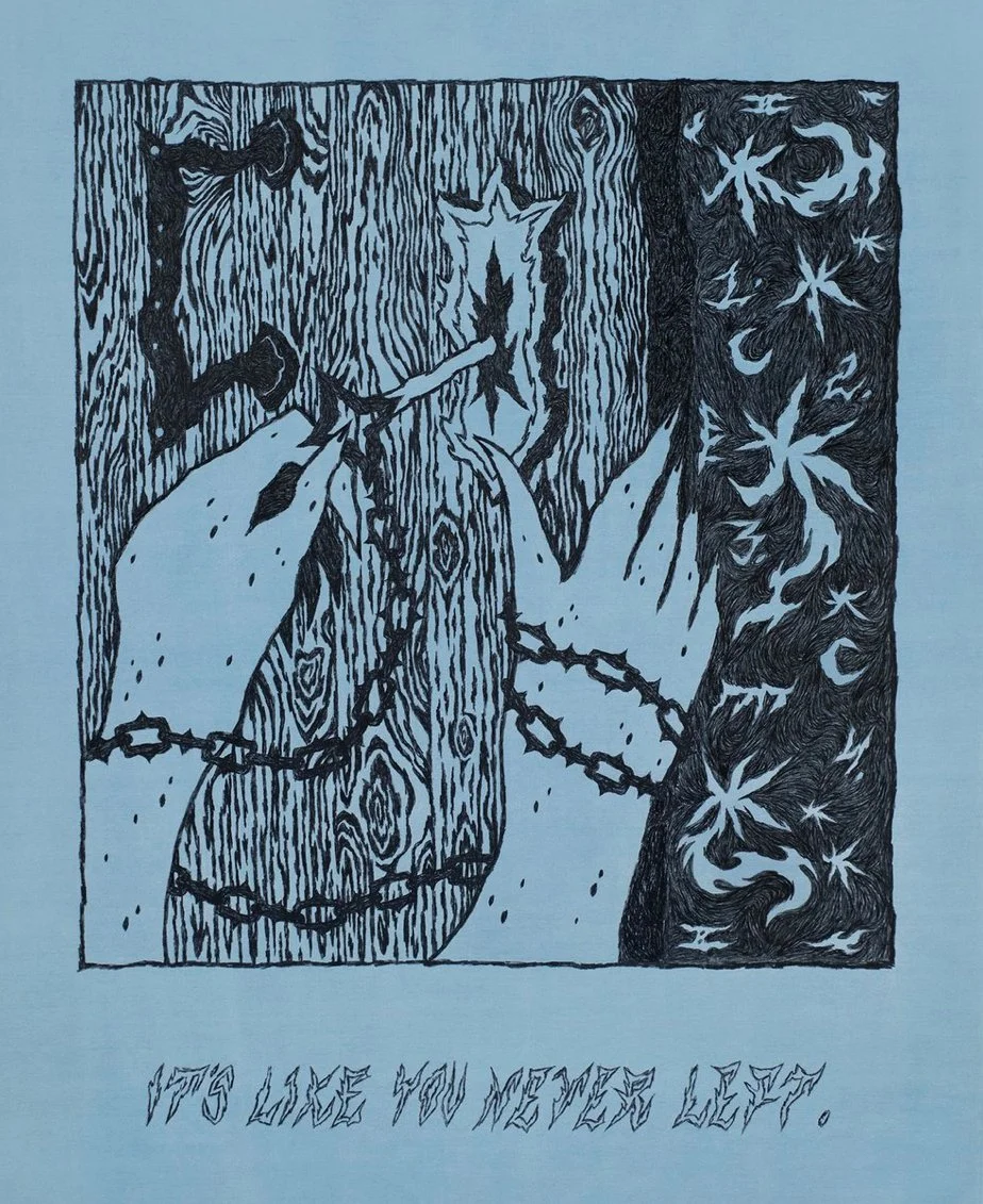   It’s Like You Never Left  (2024). Acrylic marker on pale blue cotton fabric. 125x100cm. 