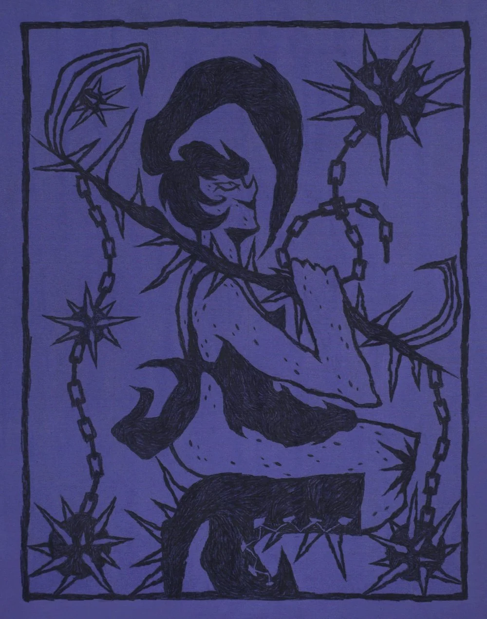   The Hunt Is Coming  (2024). Acrylic marker on purple cotton fabric. 