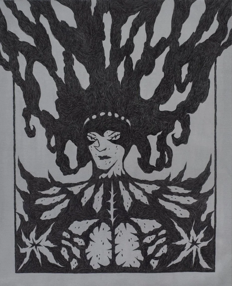   From The Shadows  (2024). Acrylic marker on grey cotton fabric. 125x100cm. 