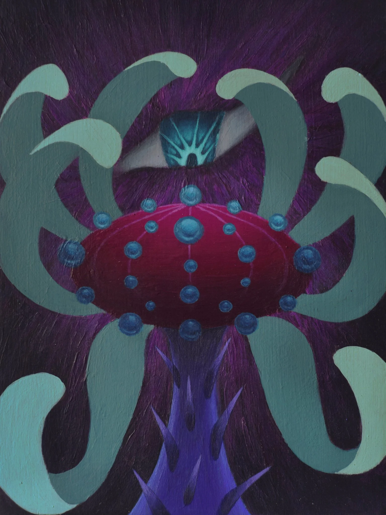 Dew Kissed Deceiver (2025). Acrylic on wooden board. 21×15cm.