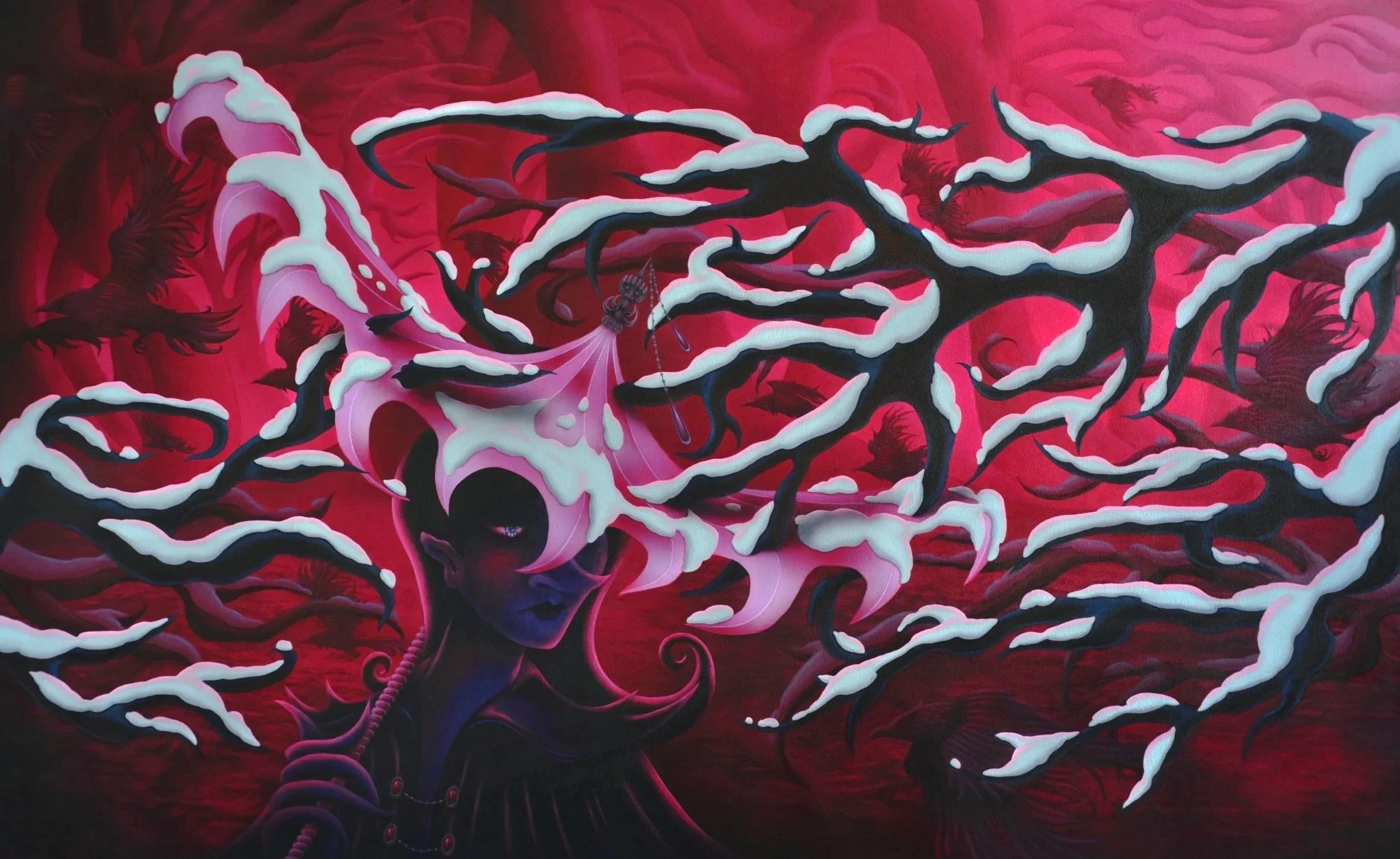   Wading Through the Crimson Mire  (2026). Acrylic on canvas. 100×165cm. 