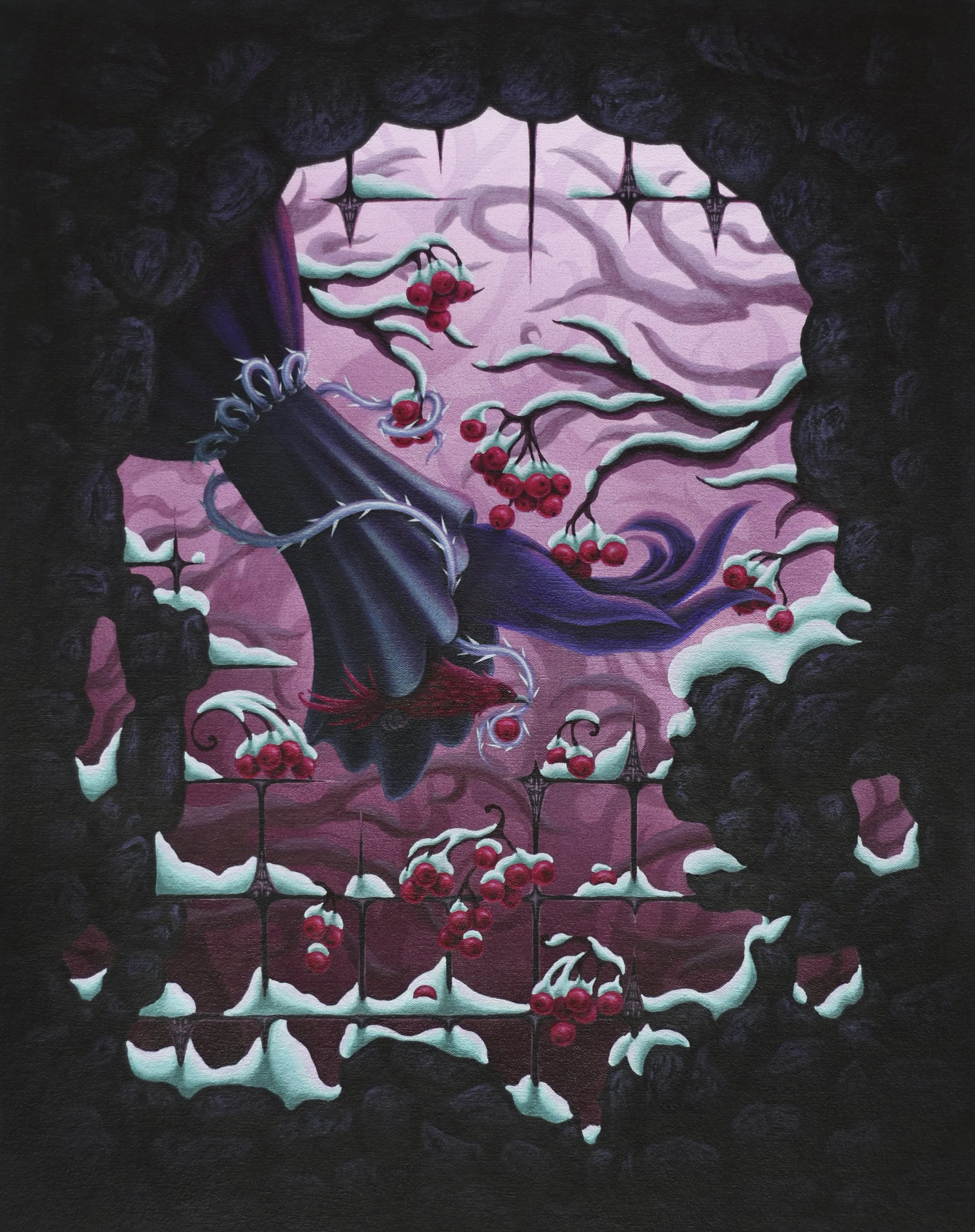   Beneath the Rowan Shroud  (2026). Acrylic on canvas. 16×20in. 