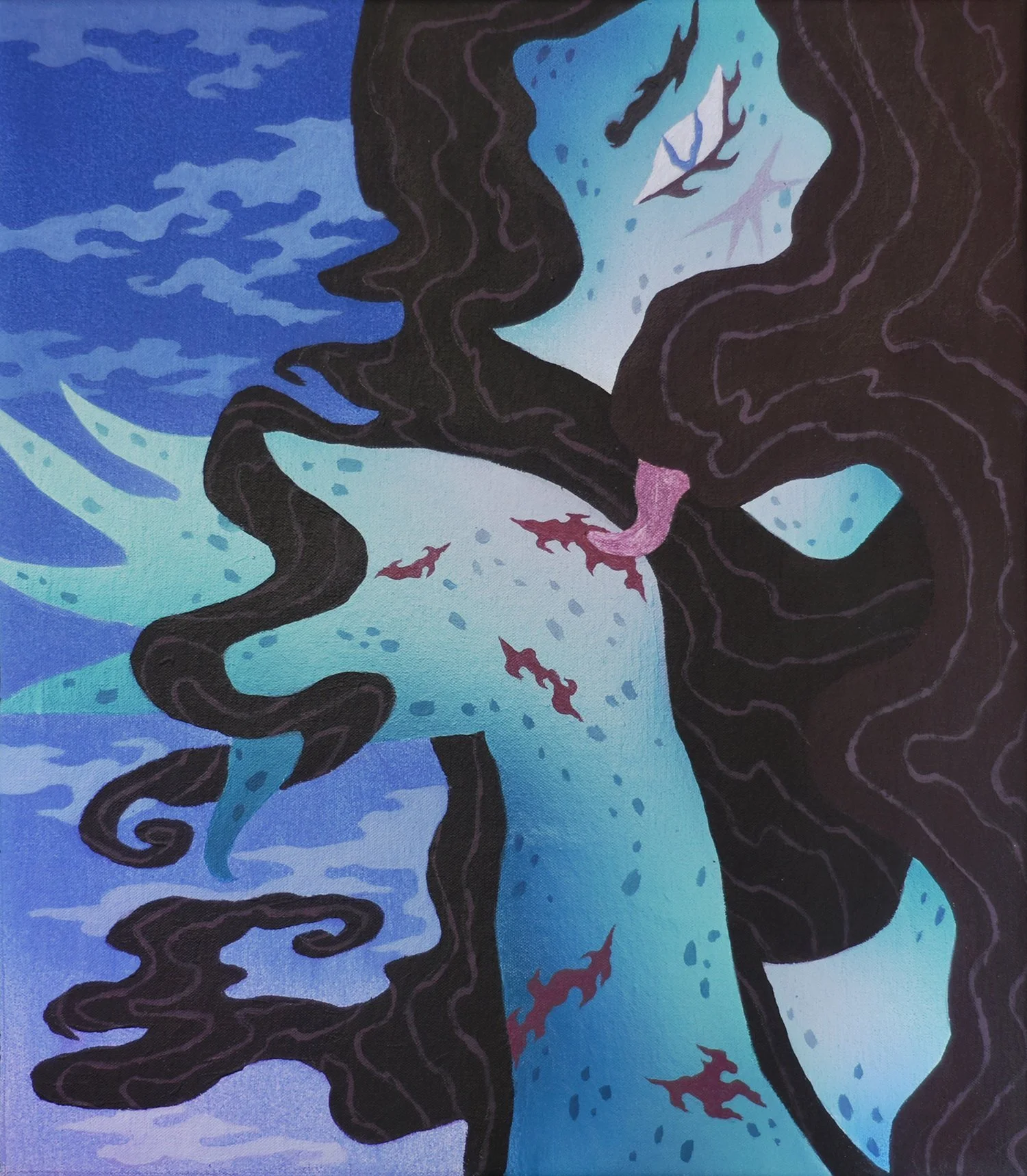 A vibrant acrylic painting by Valerie Savchits, depicting a female character licking her wounds