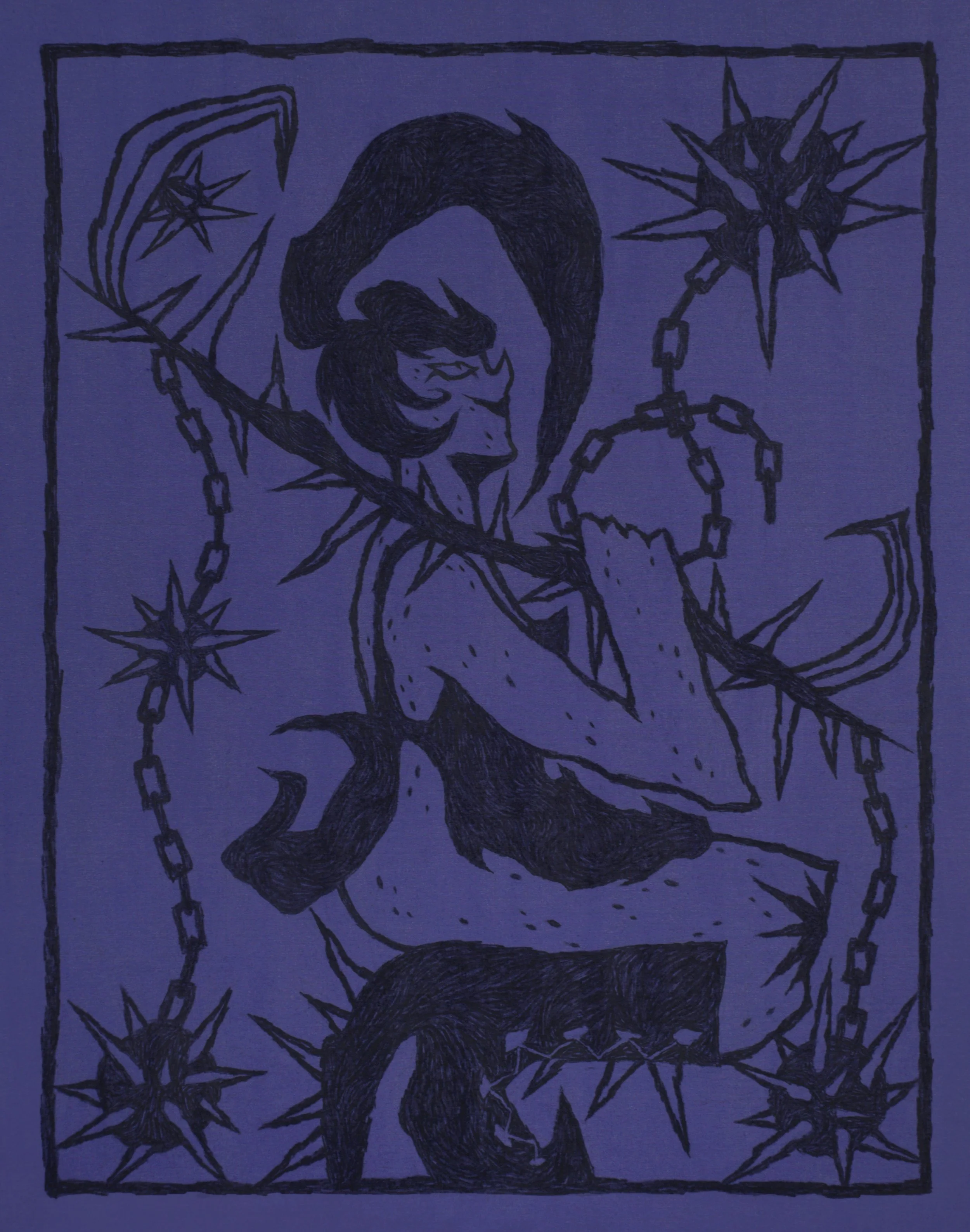 A monochrome painting on purple canvas by Valerie Savchits, depicting a female character holding various weapons
