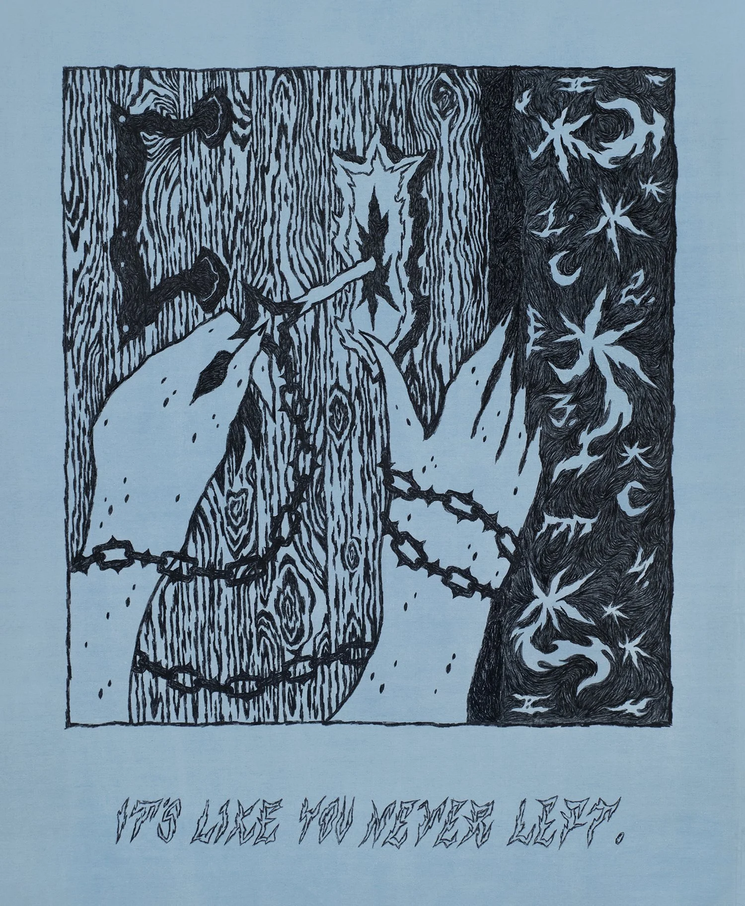 A monochrome painting on blue canvas by Valerie Savchits, depicting a character's hand opening a door with a key on a chain, behind which stars, text, and symbols float in darkness