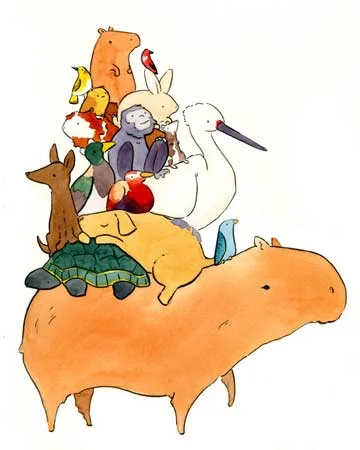 Animals on a Capybara, watercolor and ink on paper, 13½" x 10½" framed, $200