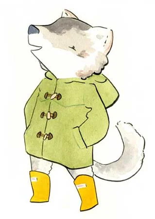 Wolf in a Duffle, watercolor and ink on paper, 11" x 9", framed, $125