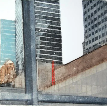 Inside/Outside - MoMA with Red Ladder (8/100) , collagraph with silk aquatint, 21" x 20¼" framed, $450
