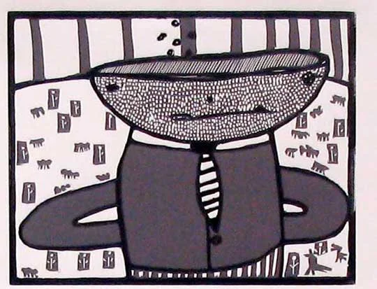 Cupman in Landscape, linoleum print on paper, 10" x 12"