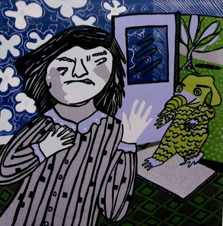 The Little Green Monster, reduction linoleum print on paper, 30" x 22", $350