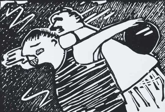 Bowling Buddies, reduction linoleum print on paper, 8" x 10"
