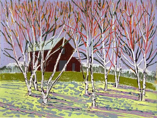 The Color of Spring Fed Snows, reduction linoleum print on paper, 15 1/4" x 15 1/4" framed, $525