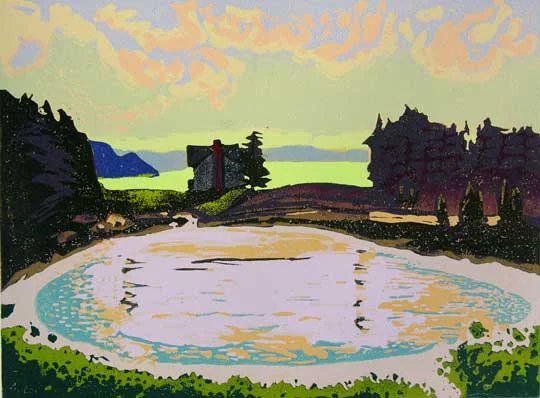 Between Ocean and Pond, reduction linoleum print on paper, 15½" x 18½", framed $525, unframed $400