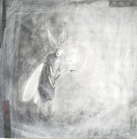 Brotherhood of the Powdered Wing, acrylic, ink, pencil, tape on wood, 12" x 12" 