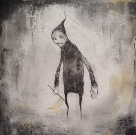 Slender Ambassador to the Coffin and the Worm, acrylic, ink, graphite, charcoal on wood, 5" x 5" $250