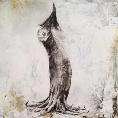 Self Doubt's Inky Black Grip, acrylic, ink, graphite, pencil, collage on wood, 10" x 10" 