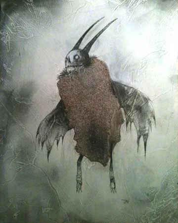 These wings can't carry me from the storm that is coming, acrylic, ink, charcoal, pencil, collage, pastel on wood, 10" x 8" 